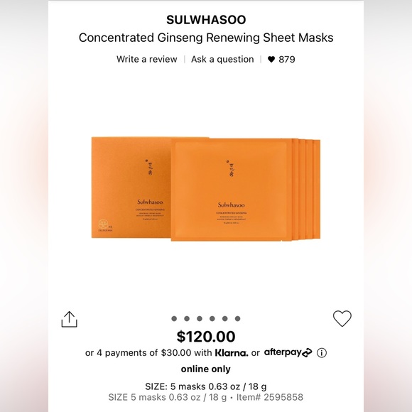SULWHASOO CONCENTRATED GINSENG RENEWING CREAMY MASK (5PCS) - $120 Value - Picture 4 of 7
